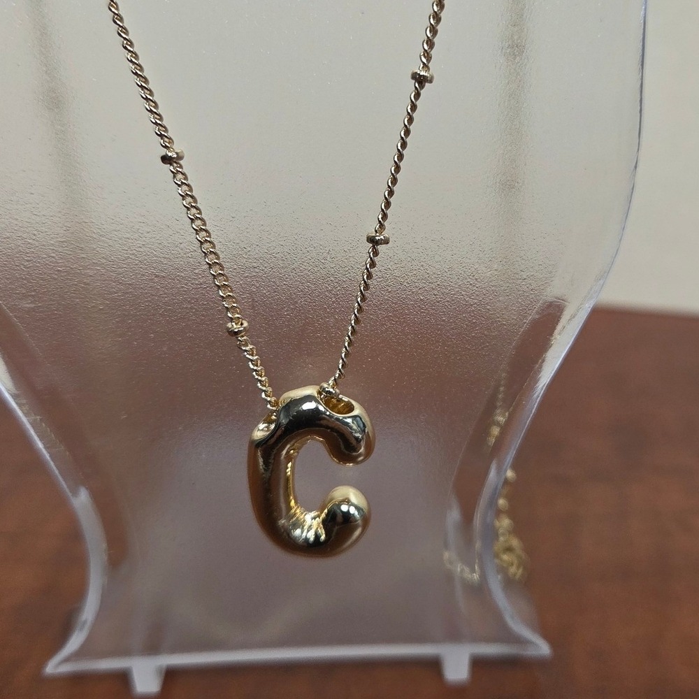 Gold Tone Puffy Initial C Pendant Satellite Chain Necklace